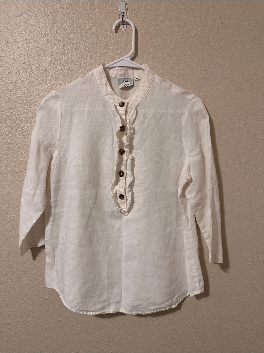 Hot Cotton White 100% Linen Ruffled Blouse size Small